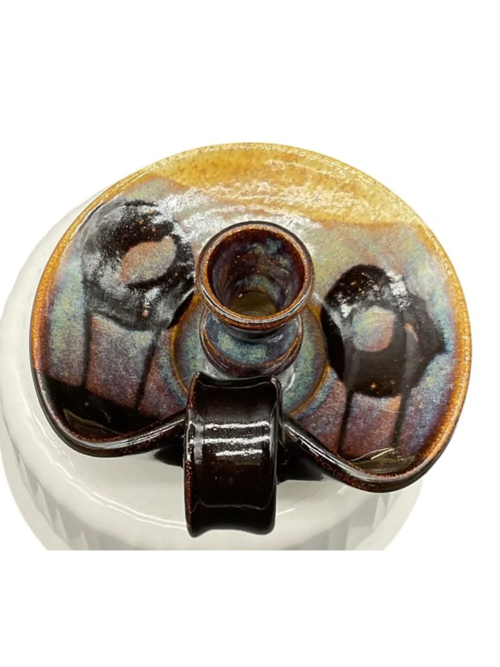Handmade Ceramic Chamberstick Candle Holder Multicolor Glaze Curve Handle Signed